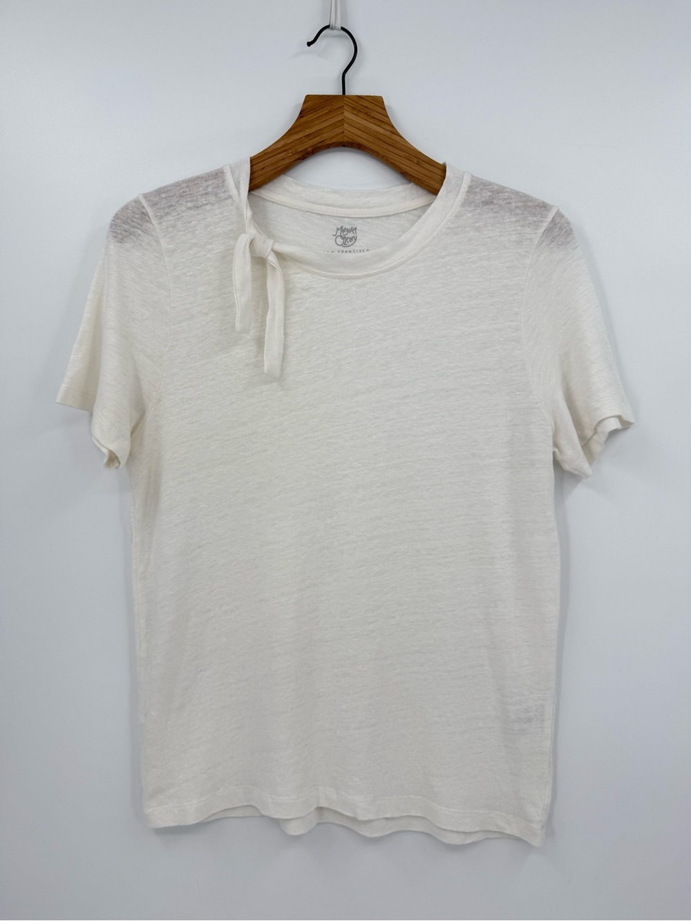 Margaret O'Leary 100% Linen Tie Neck Tee Short Sleeve in White Size M